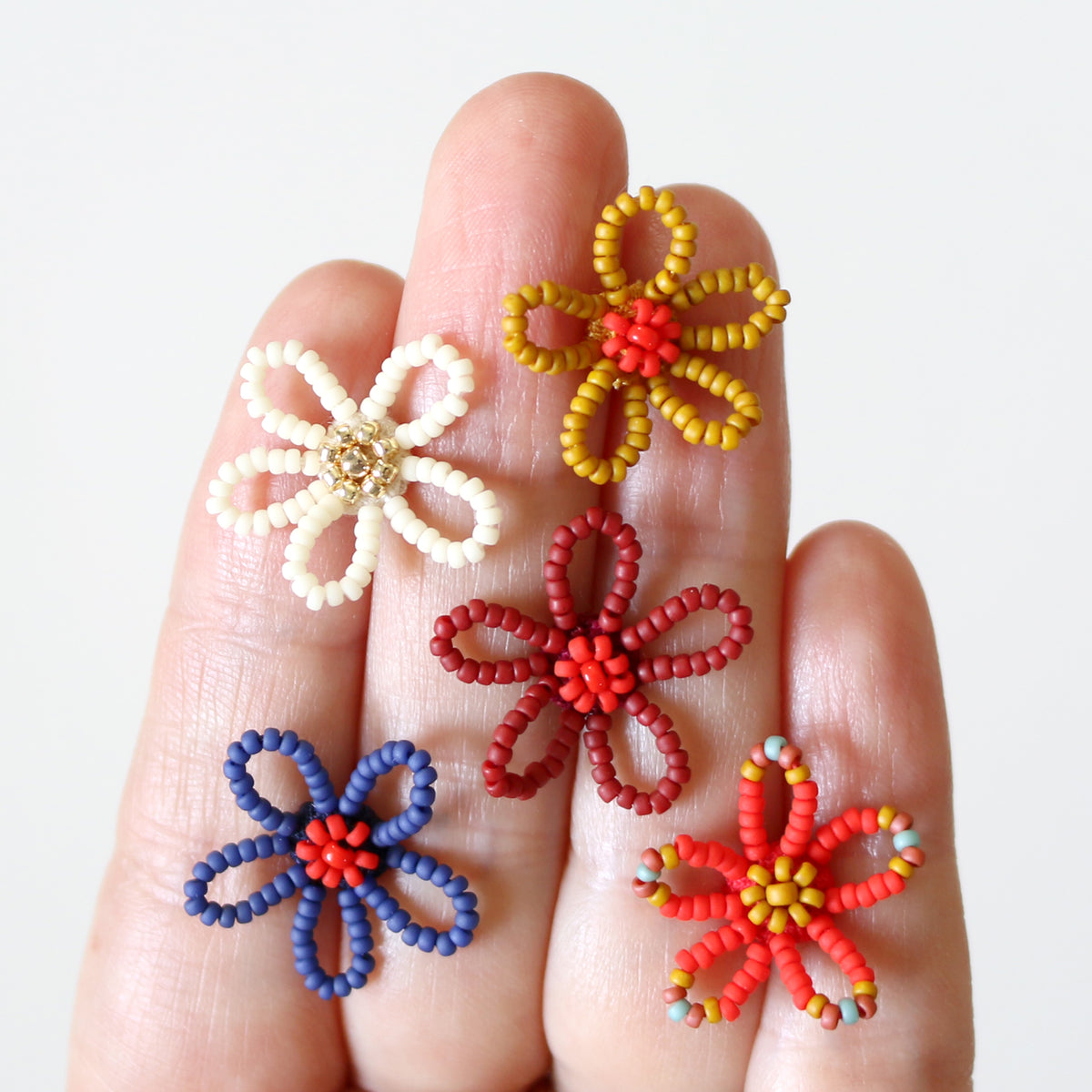 flower seed beads Beaded Flower Studs Red Yellow Blue Maroon Textile Fabric Stud Earrings – Ashdel